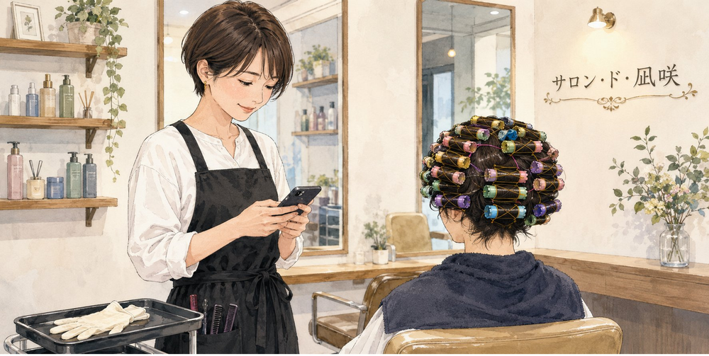 ヘアサロンでパーマの待機中に美容師がスマホを操作する様子