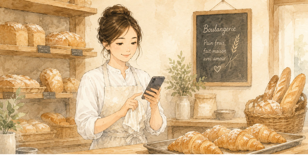 パン屋の店主が焼き上がりをスマホで発信する様子
