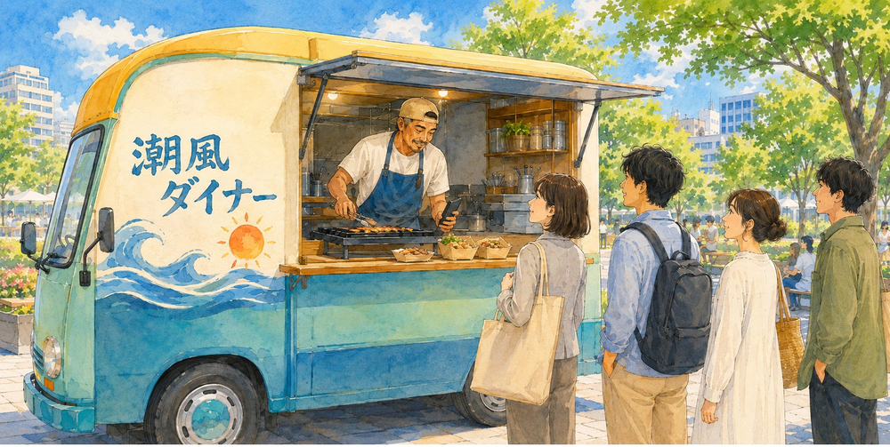 キッチンカーで店主が調理しお客様が並ぶ様子