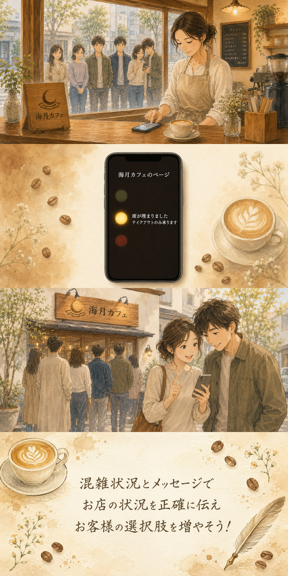カフェでの活用イメージ（4コマ）