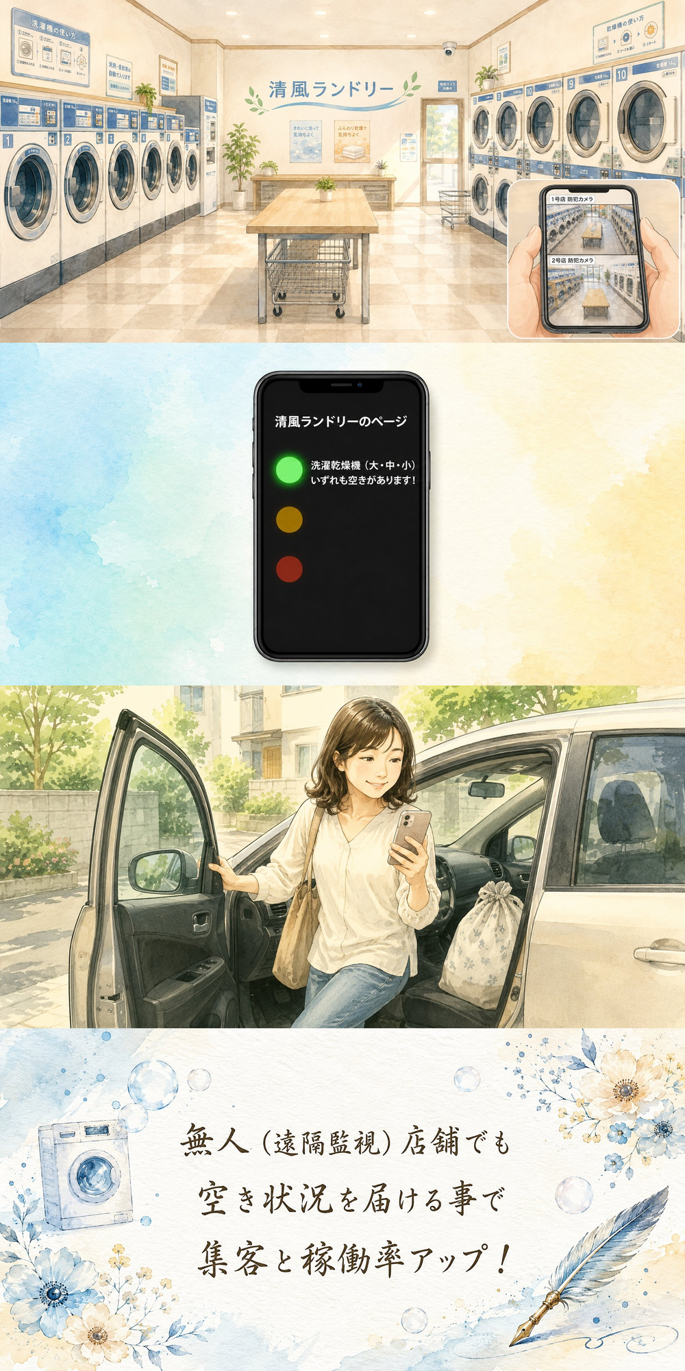 コインランドリーでの活用イメージ（4コマ）
