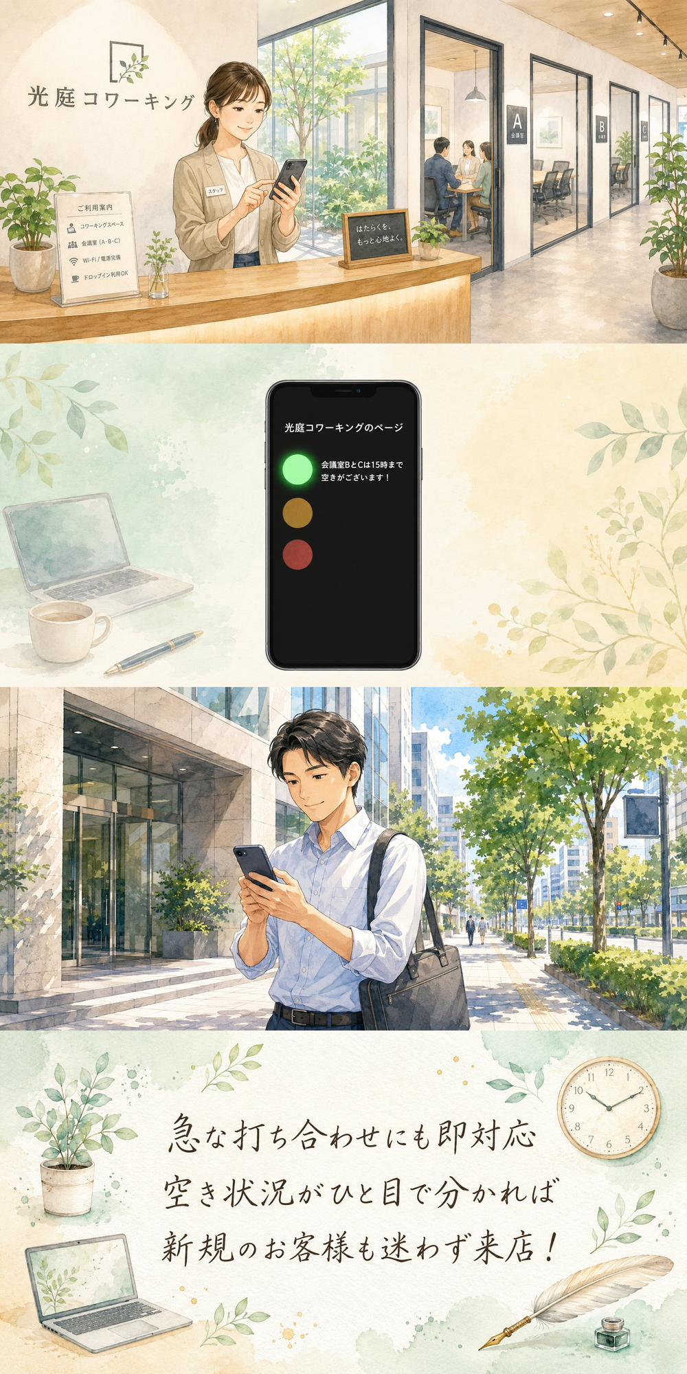 コワーキングでの活用イメージ（4コマ）